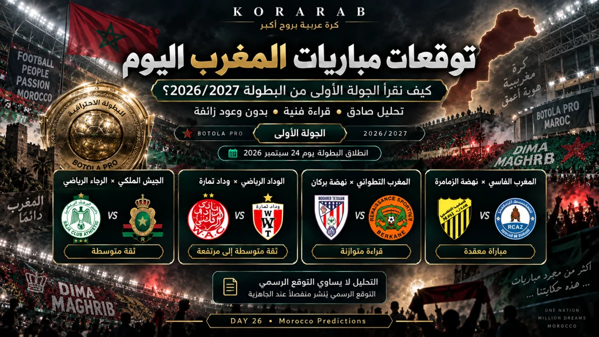 توقعات مباريات المغرب اليوم قبل الجولة الأولى من البطولة الاحترافية 2026/2027